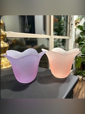 Pair of Frosted Glass Tulip Votive Holders - Lavender & Peach